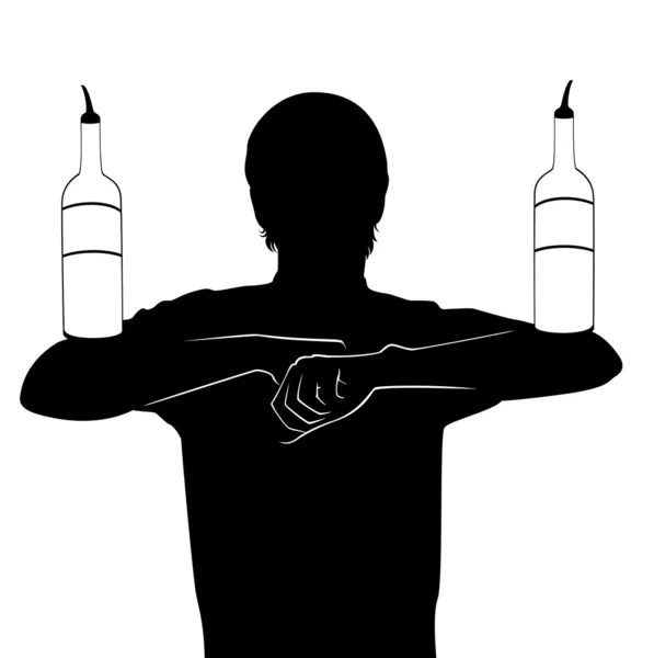 Siluetti baarimikko osoittaa temppuja pullon — vektorikuva