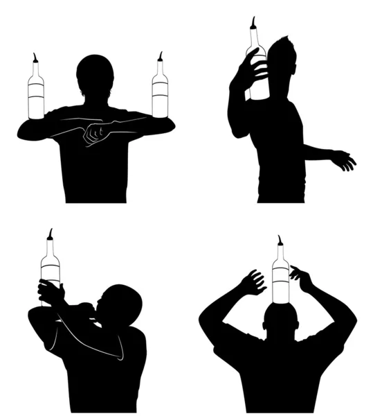 Silhueta de barman mostrando truques com uma garrafa — Vetor de Stock