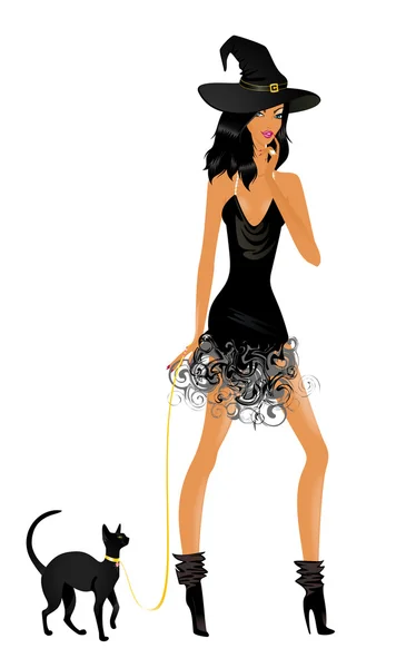 美丽性感女巫与一只黑猫 — 图库矢量图片