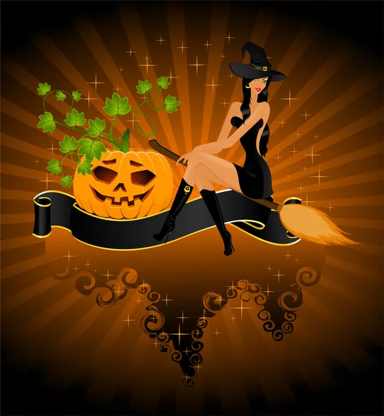 Beautiful sexy witch on a broom and pumpkin — Stock Vector