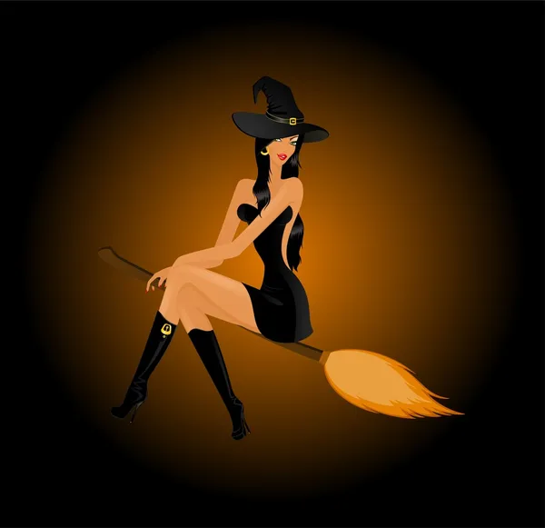 Beautiful sexy witch on a broom — Stock Vector