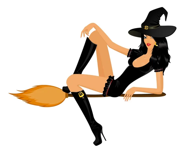 Beautiful sexy witch on a broom — Stock Vector