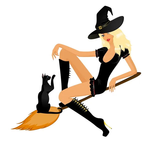 Krásné sexy čarodějnice na koštěti s černou kočkou — Stockový vektor