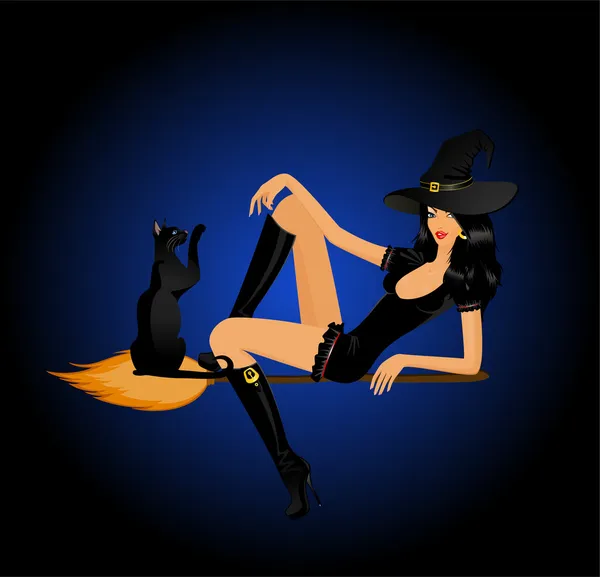 Schöne sexy Hexe auf einem Besen mit einer schwarzen Katze — Stockvektor