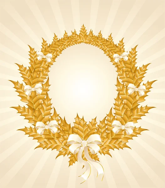 Bela grinalda de ouro natal com um arco branco — Vetor de Stock