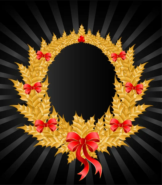 Piękny złoty wieniec Boże Narodzenie z czerwoną kokardą — Wektor stockowy