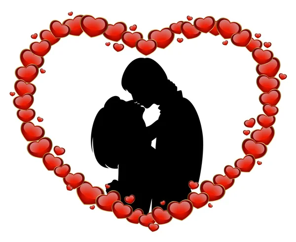 Silhouette of lovers on a background with heart — Stock Vector