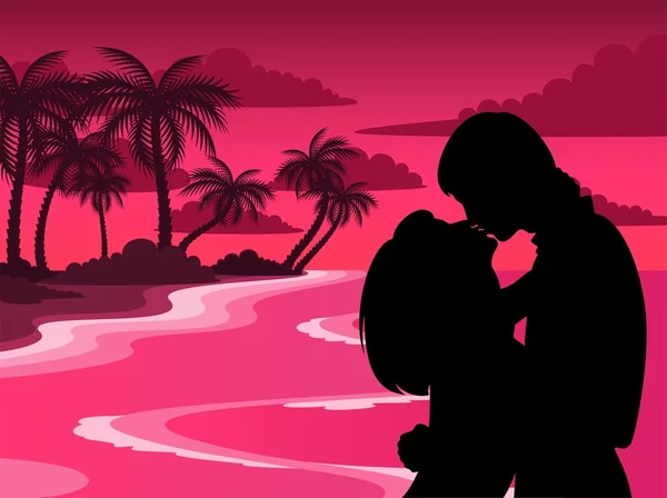 Silhouette di amanti su uno sfondo spiaggia africana — Vettoriale Stock