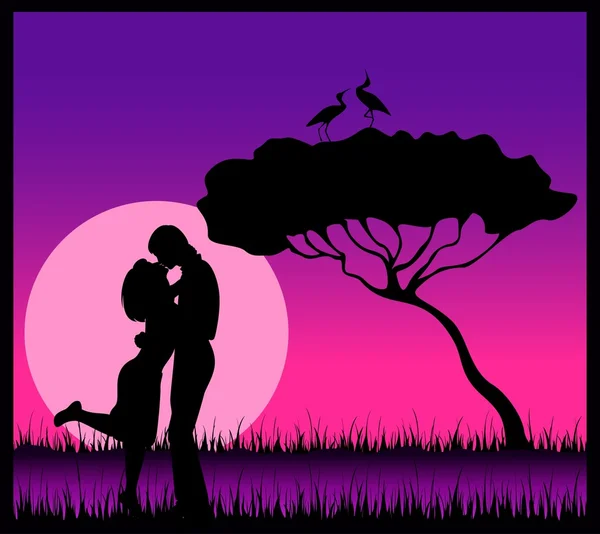 Silhouette di amanti su uno sfondo safari — Vettoriale Stock