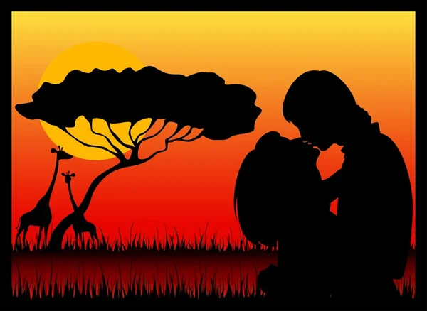 Silhouet van geliefden op een achtergrond-safari — Stok Vektör