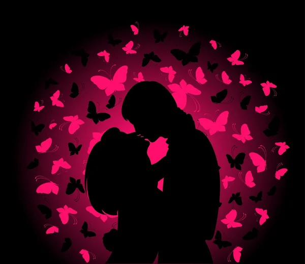 Silhouette di innamorati su uno sfondo con farfalle — Vettoriale Stock