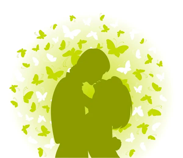 Silhouette di innamorati su uno sfondo con farfalle — Vettoriale Stock
