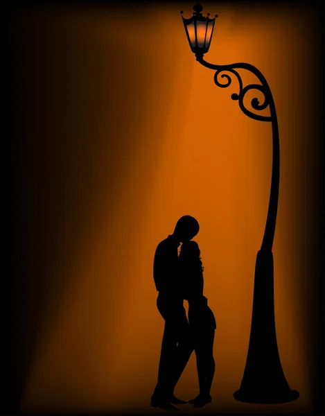 Silhouette di due amanti sotto una lanterna — Vettoriale Stock