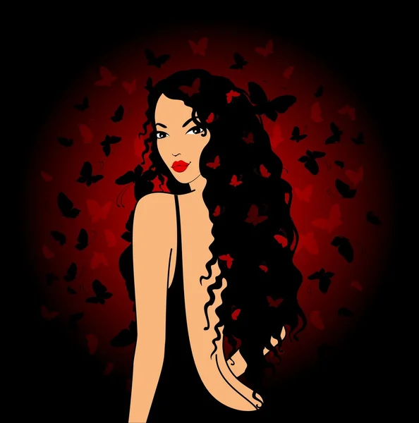 Hermosa chica pin-up con mariposa en el pelo — Vector de stock