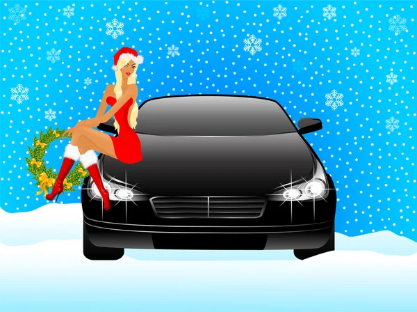 Όμορφο κορίτσι σε ένα χιόνι παρθενική εμφάνιση κάθεται πάνω στο καπό του αυτοκινήτου — Διανυσματικό Αρχείο