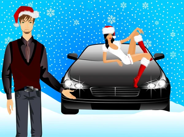 Красива дівчина в костюмі снігової дівчини і чоловік на фоні автомобіля — стоковий вектор