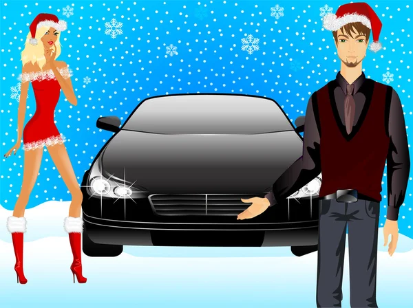 Menina bonita no terno de donzela de neve e homem em um fundo um carro — Vetor de Stock