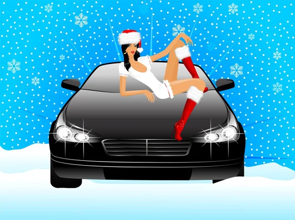 Beautiful girl in appearance a snow maiden sits on the hood of car — Stock Vector