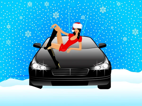 Όμορφο κορίτσι σε ένα χιόνι παρθενική εμφάνιση κάθεται πάνω στο καπό του αυτοκινήτου — Διανυσματικό Αρχείο