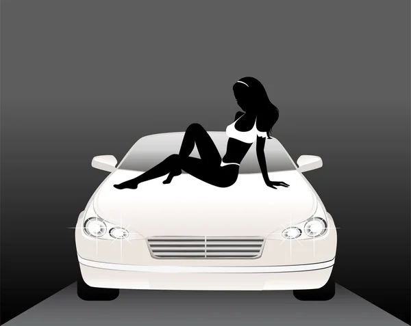 Силуэт красивой гламурной девушки, сидящей у машины — стоковый вектор