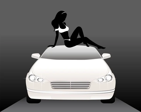 Силуэт красивой гламурной девушки, сидящей у машины — стоковый вектор