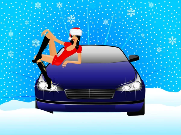 A szép lány a megjelenése egy snow maiden ül a csuklyát az autó — Stock Vector