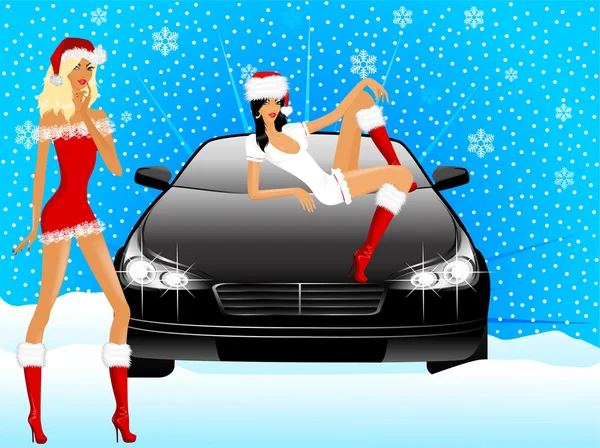 Beautiful girls in the suit of snow maiden sits on the hood of car — Stock Vector