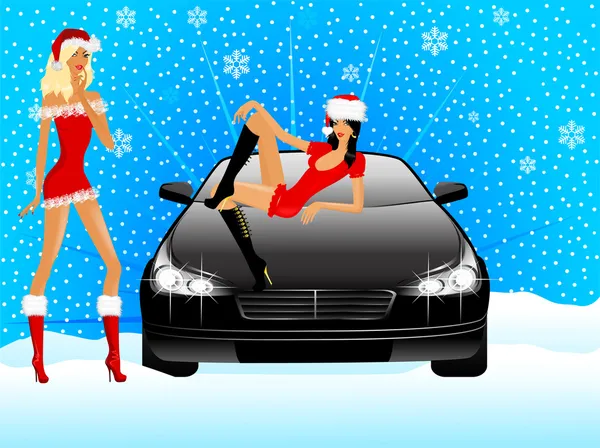 Meninas bonitas no terno de donzela de neve senta-se no capô do carro — Vetor de Stock