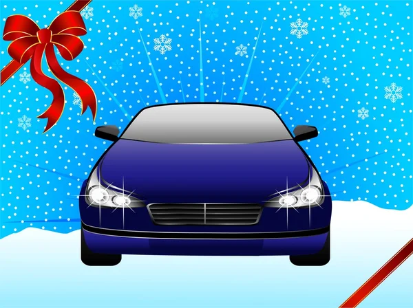 Belo carro esportivo em um fundo de neve de inverno para o Natal — Vetor de Stock