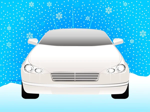 Belo carro esportivo em um fundo de neve de inverno para o Natal —  Vetores de Stock