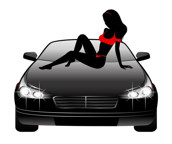 Silhouette di bella ragazza glamour seduta vicino alla macchina — Vettoriale Stock