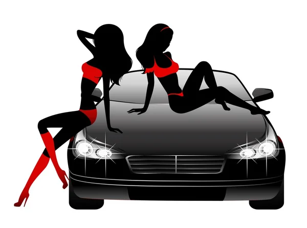 Silhouette di bella ragazza glamour seduta vicino alla macchina — Vettoriale Stock