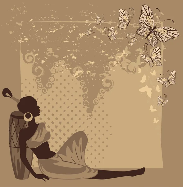 Krásná Africká dívka s motýl. ilustrace v retro stylu — Stockový vektor