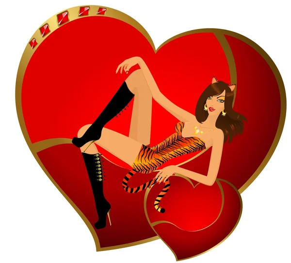 Belle fille en costume de tigresse s'assoit sur un cœur pour le jour de la Saint-Valentin — Image vectorielle