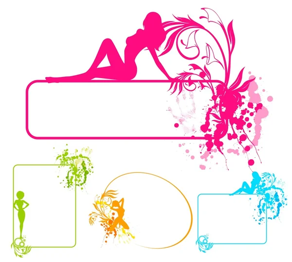 Grunge bannière avec des silhouettes de filles et des taches — Image vectorielle