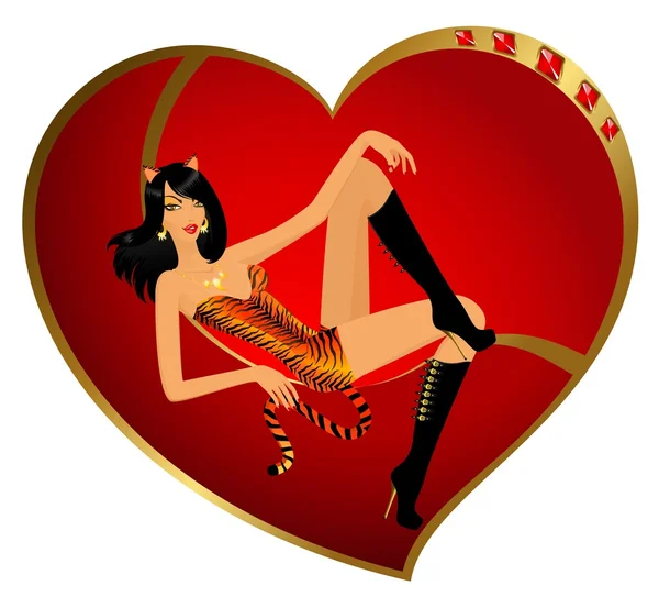 Красива дівчина в костюмі тигриця сидить на серце для день Святого Валентина — стоковий вектор