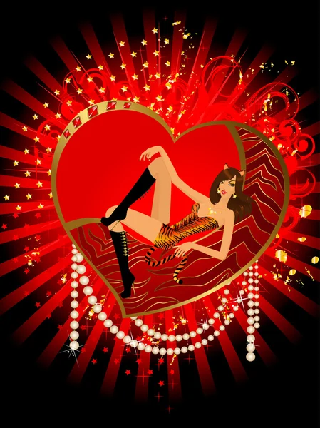 Krásná dívka v šatech tygřice sedí na srdce pro den svatého Valentýna — Stockový vektor