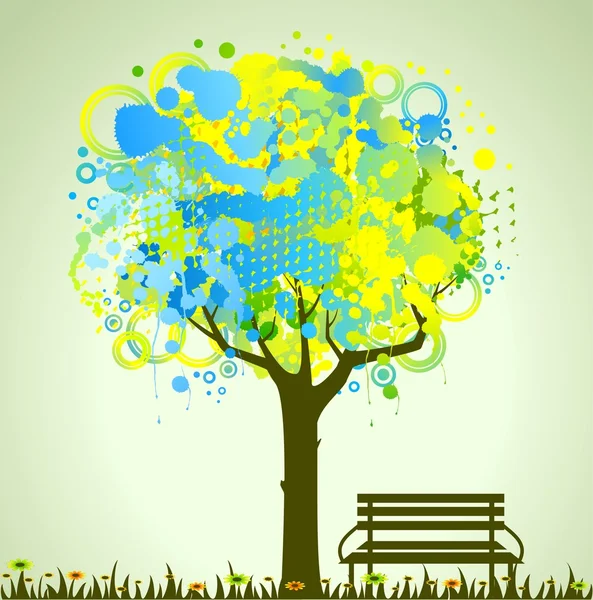 Árvore colorida abstrata com banco . — Vetor de Stock