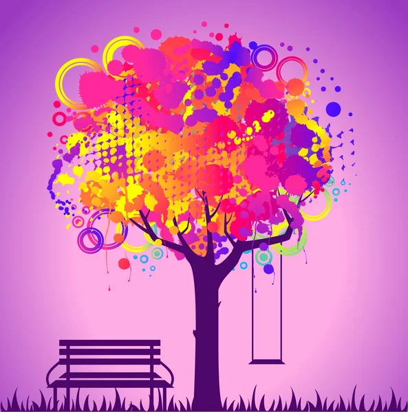 Vector abstract colorful tree with bench and swing. — Stock Vector