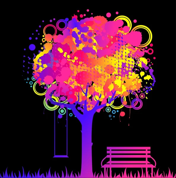 Vector abstracte kleurrijke boom met Bank en swing. — Stockvector