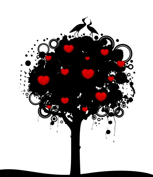 Kırmızı kalpler ile vektör arka ağaç. doğa dekorasyon. — Stok Vektör