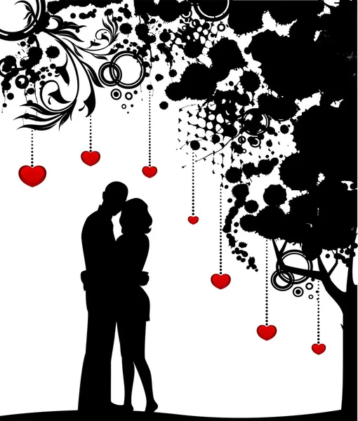 Vector abstract tree with hearts and lovers. — Stock Vector