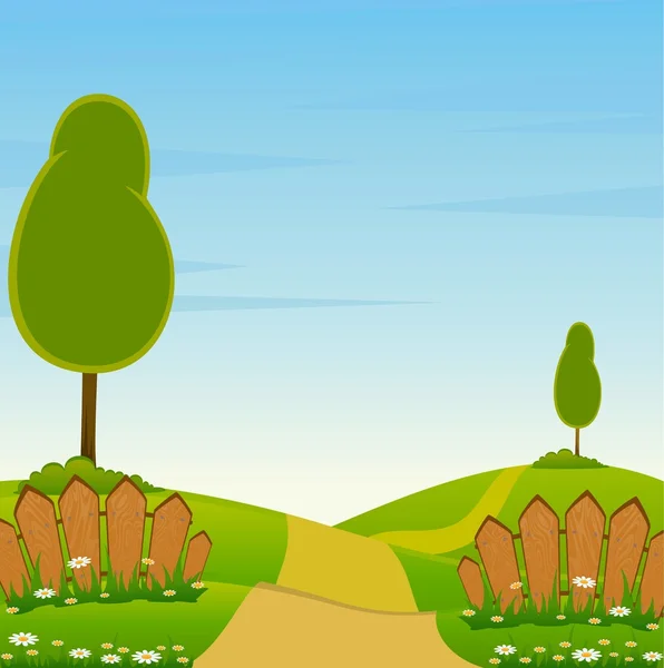 Land landschap met bomen, weg en hek — Stockvector