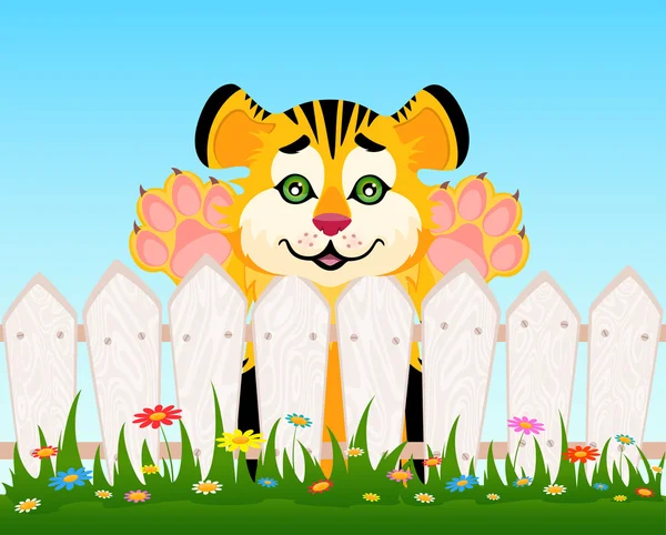 Desenhos animados tigre sorridente depois de uma cerca — Vetor de Stock
