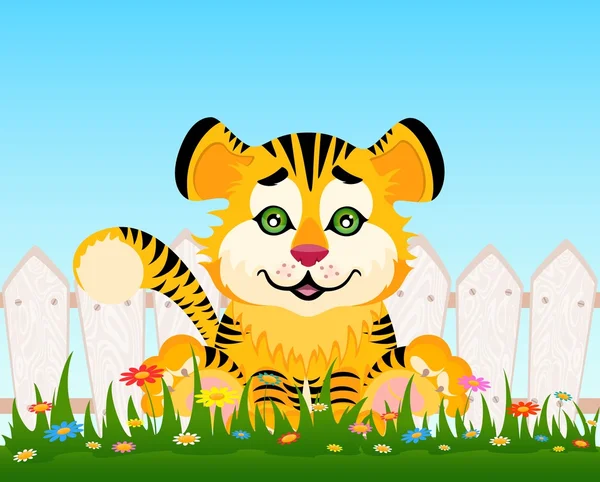 Cartone animato tigre sorridente dopo una recinzione — Vettoriale Stock