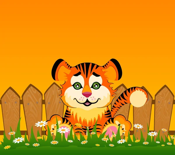 Мультфильм улыбающийся тигр за забором — стоковый вектор