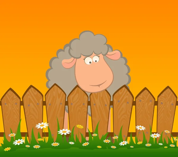 Cartoon smiling sheep after a fence — Stock Vector