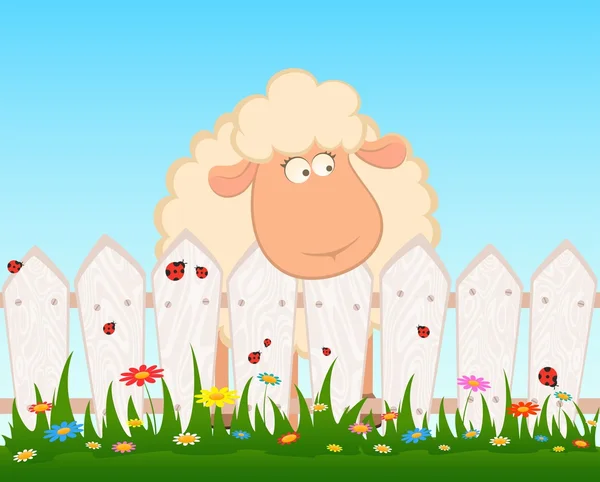 Мультфильм улыбающиеся овцы за забором — стоковый вектор