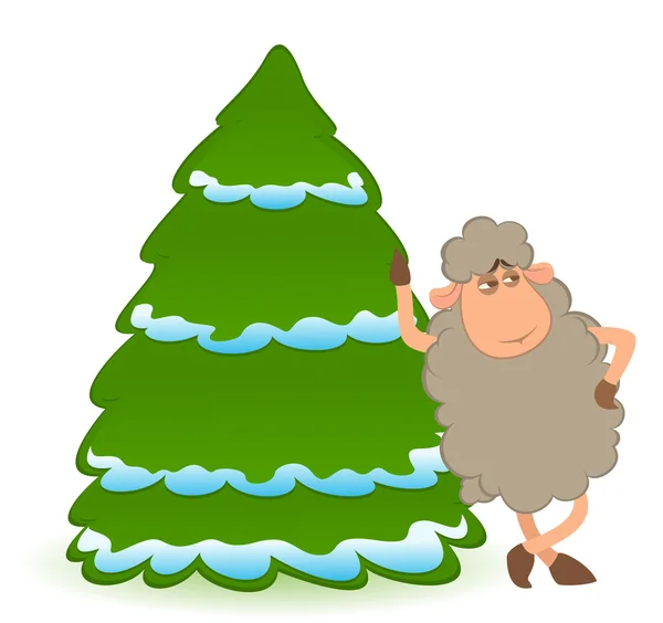 Cartoon funny sheep with a fir-tree. Vector illustration — Stock Vector