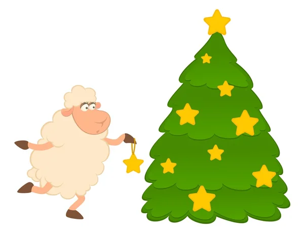 Cartoon funny sheep dresses up a fir-tree — Stock Vector